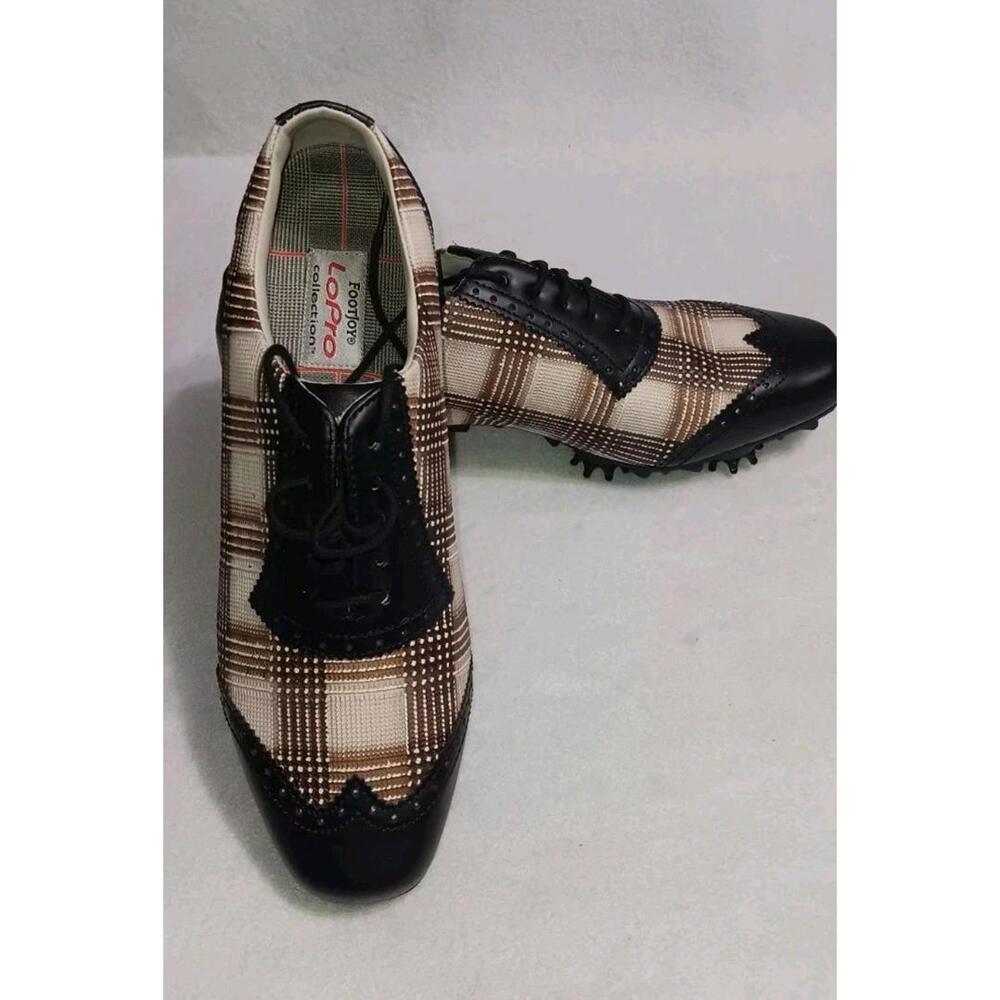 NWOT! Footjoy Lopro Golfing Shoes With Spikes Mens Siz 8 1/2 Brown Plaid...